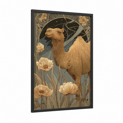 Desert Camel Bloom framed art print — black wood frame — gold and dove gray palette