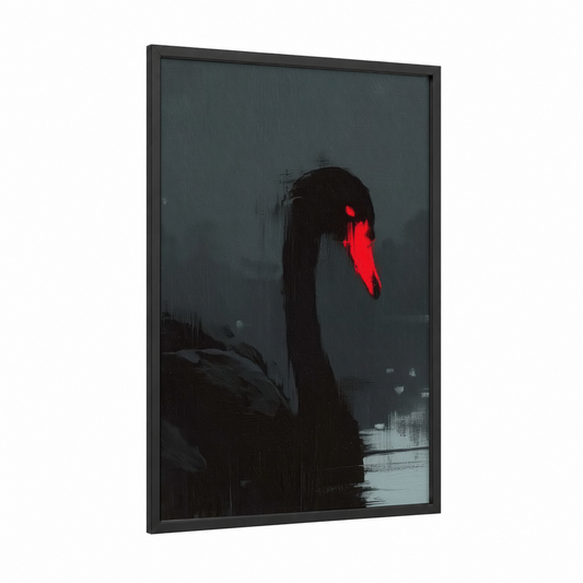 Crimson Swan framed art print — black wood frame — black and white and red palette