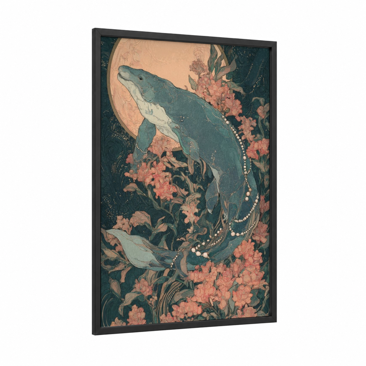 Moonlit Dinosaur framed art print — black wood frame — teal and salmon pink palette