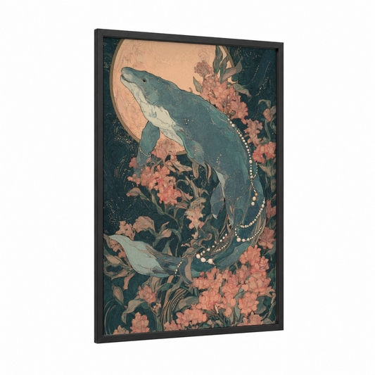 Moonlit Dinosaur framed art print — black wood frame — teal and salmon pink palette