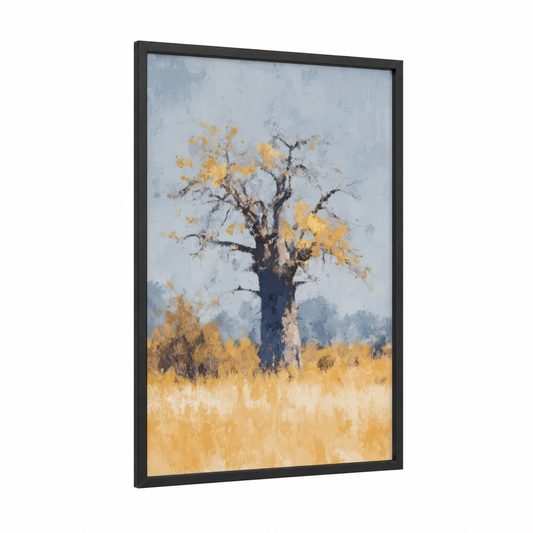 Golden Baobab framed baobab tree print — black wood frame — yellow gold and gray palette