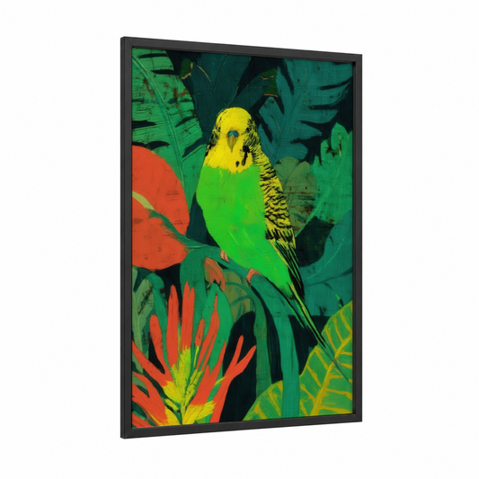 Tropical Budgie framed budgeridar print — black wood frame — green and yellow gold palette