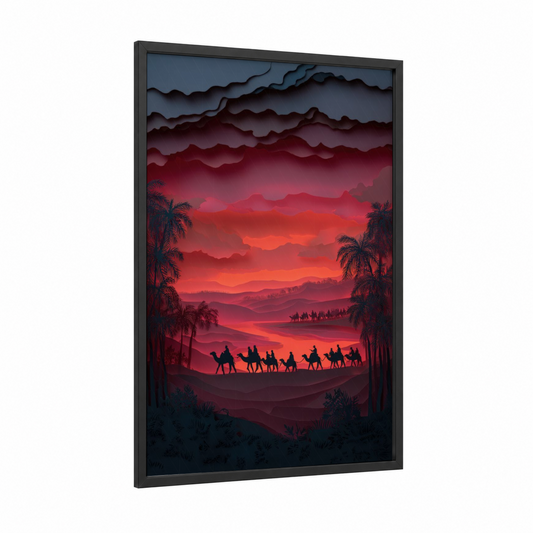 Desert Caravan Sunset framed camel print — black wood frame — red and orange palette