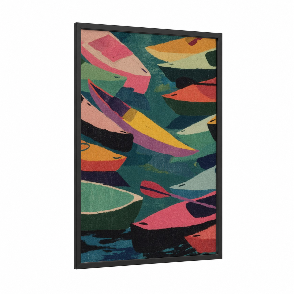 Colorful Kayak Fleet framed kayaks and canoes print — black wood frame — teal and magenta palette