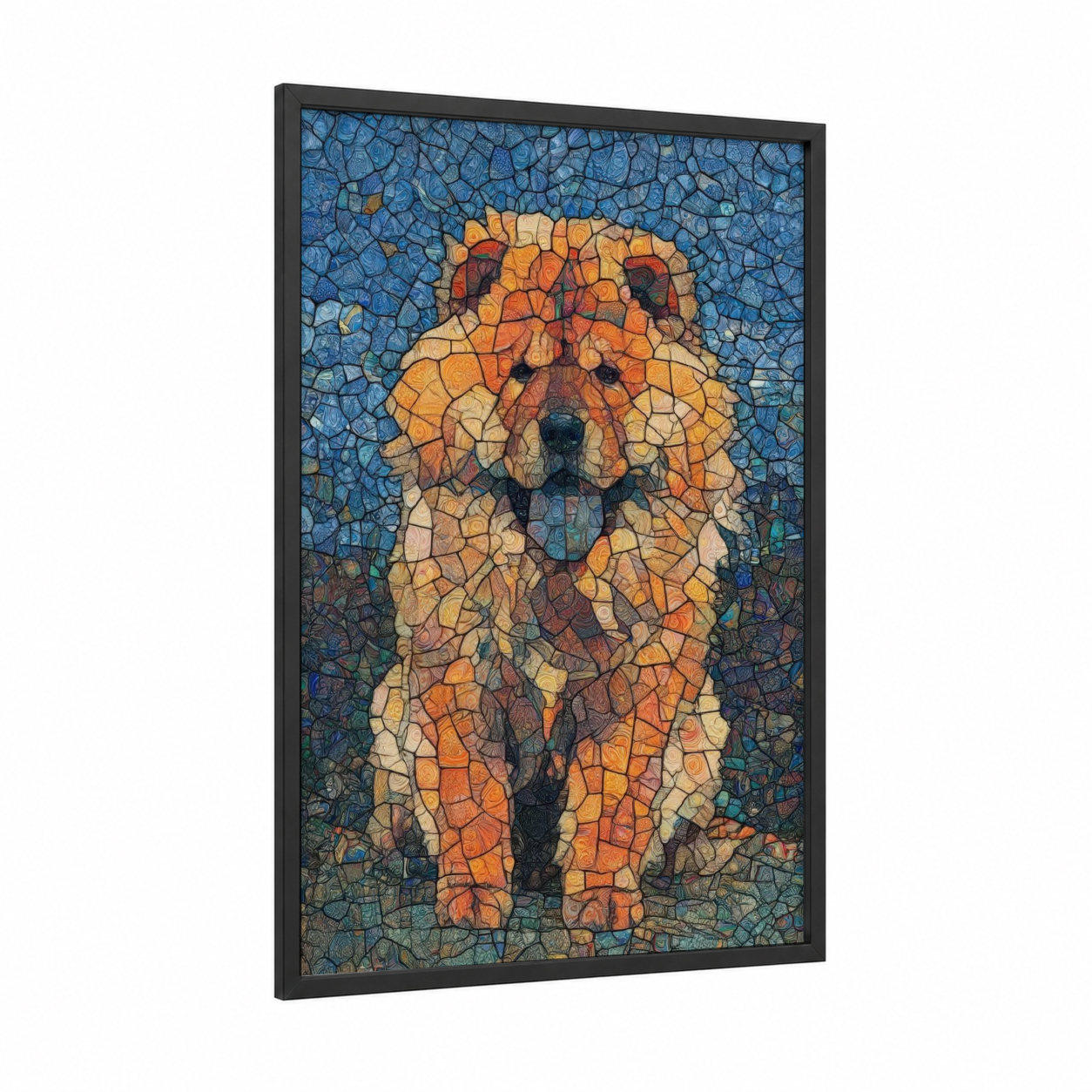Golden Spitz Portrait framed art print — black wood frame — gold and blue palette