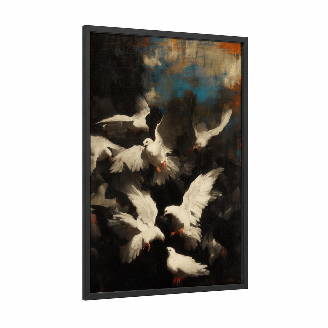 Heavenly Doves framed art print — black wood frame — black and white and orange palette