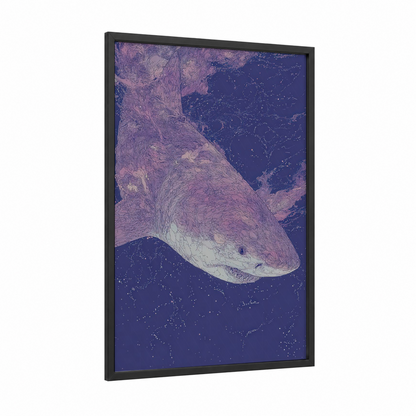 Majestic Basking Shark framed art print — black wood frame — purple and dark blue palette