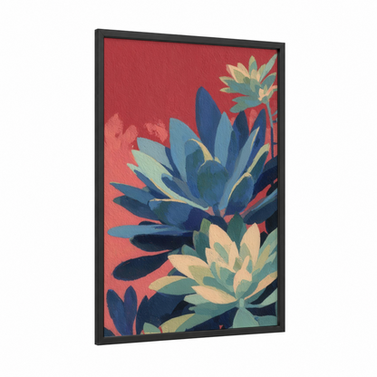 Coral Succulent Garden framed art print — black wood frame — red and blue palette