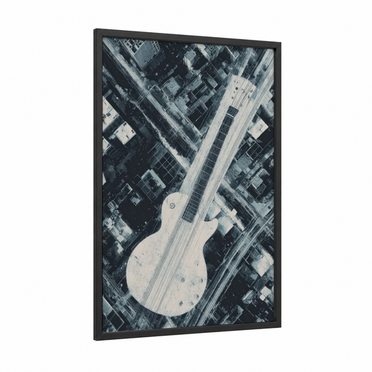 Urban Guitar framed electric guitar print — black wood frame — black and white and gray palette