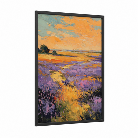 Lavender Sunset Path framed flower field print — black wood frame — gold and purple palette