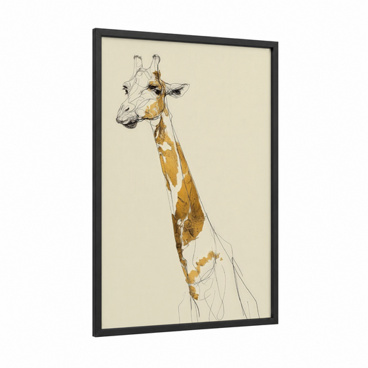 Giraffe framed art print — black wood frame — gold and cream palette