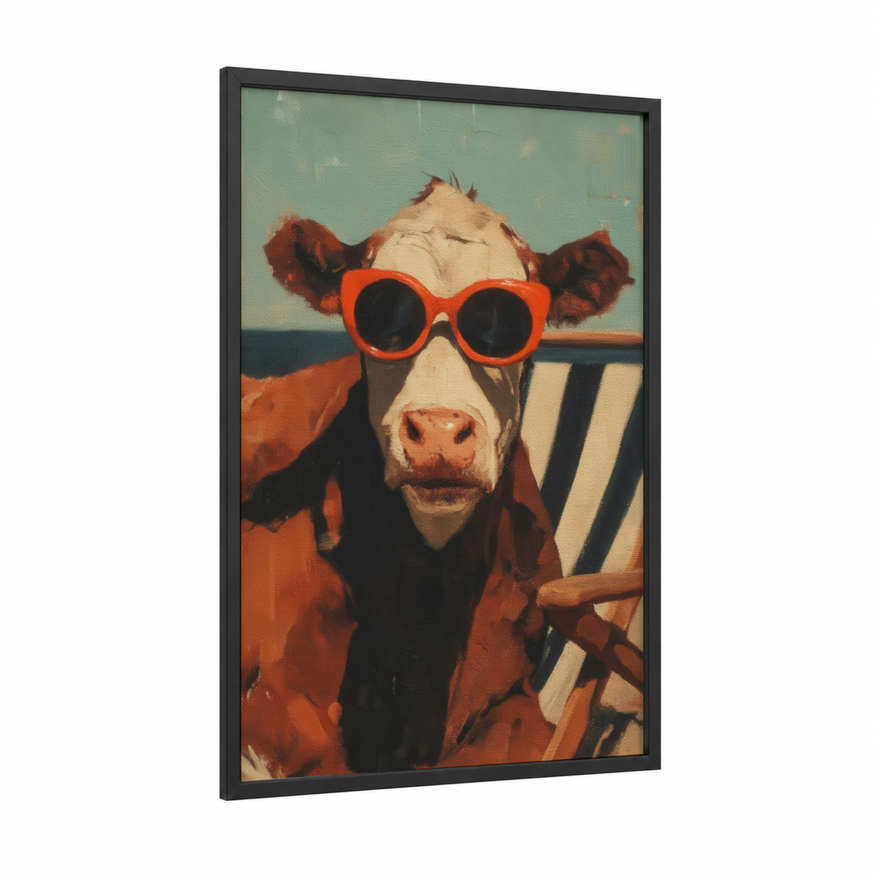 Cool Angus framed angus cow print — black wood frame — orange and blue palette