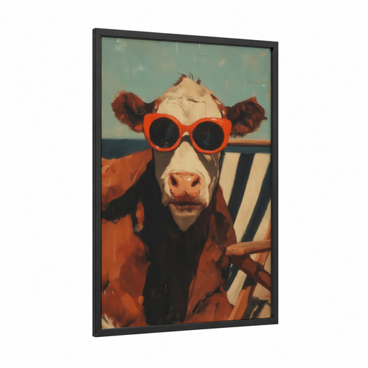 Cool Angus framed angus cow print — black wood frame — orange and blue palette