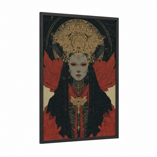 Crimson Vampire Empress framed art print — black wood frame — black and gold and red palette