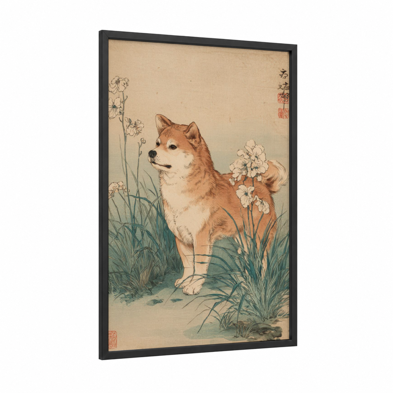 Garden Shiba Inu framed art print — black wood frame — beige and sage green palette