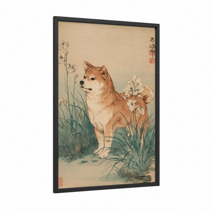 Garden Shiba Inu framed art print — black wood frame — beige and sage green palette