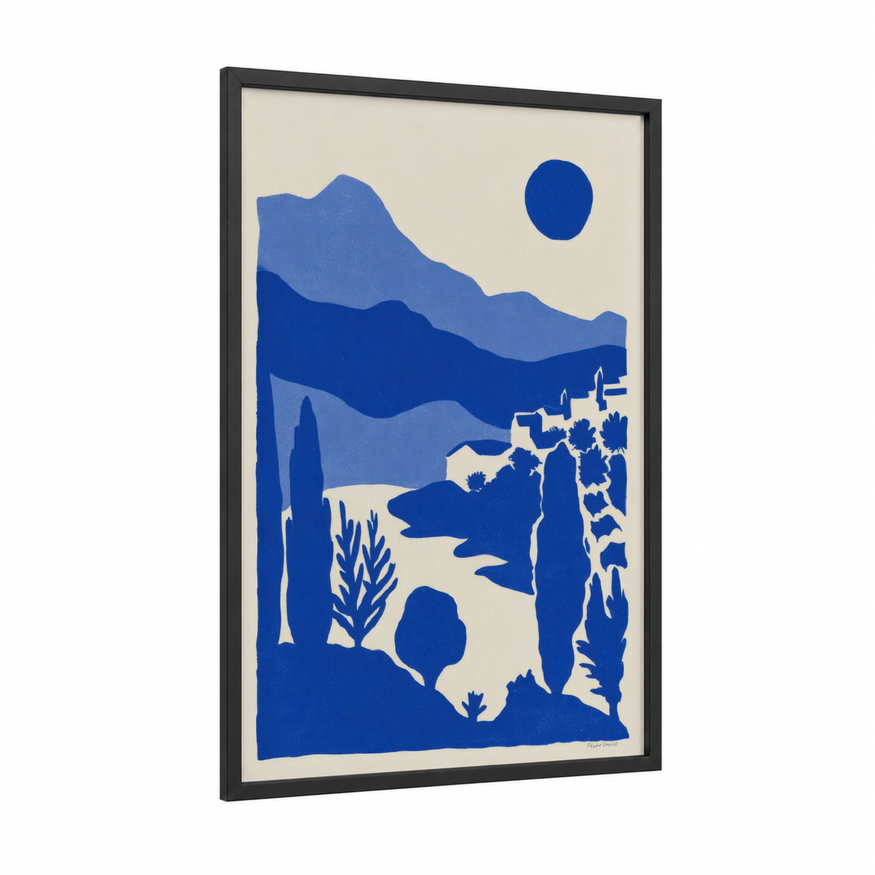 Mediterranean Cypress Landscape framed cypress tree print — black wood frame — blue and cream palette