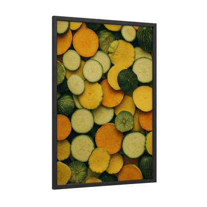 Summer Vegetable Medley framed fruit print — black wood frame — gold and orange palette
