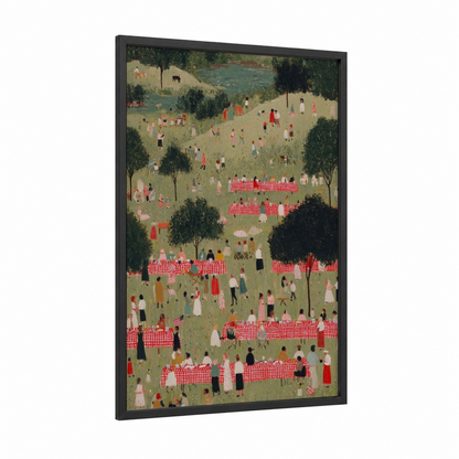 Festive Picnic Gathering framed 4th of july print — black wood frame — green and red palette