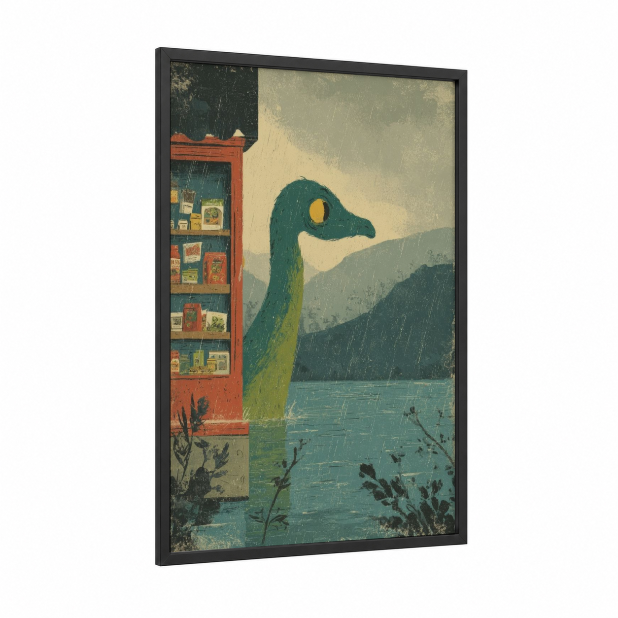 Loch Ness Serenity framed loch ness monster print — black wood frame — dark green and cream palette