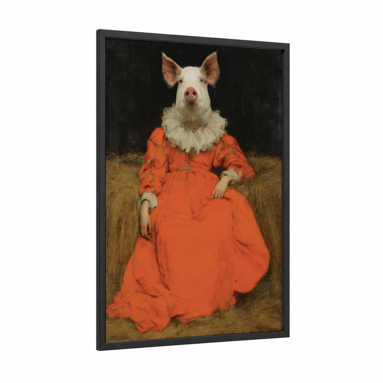 Crimson Pig Portrait framed art print — black wood frame — pumpkin and black palette