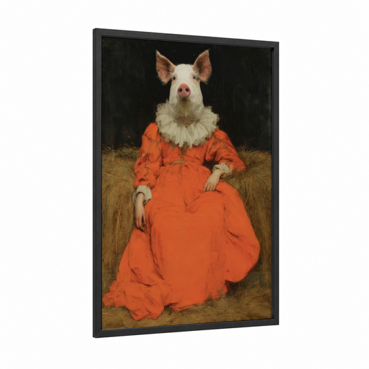Crimson Pig Portrait framed art print — black wood frame — pumpkin and black palette