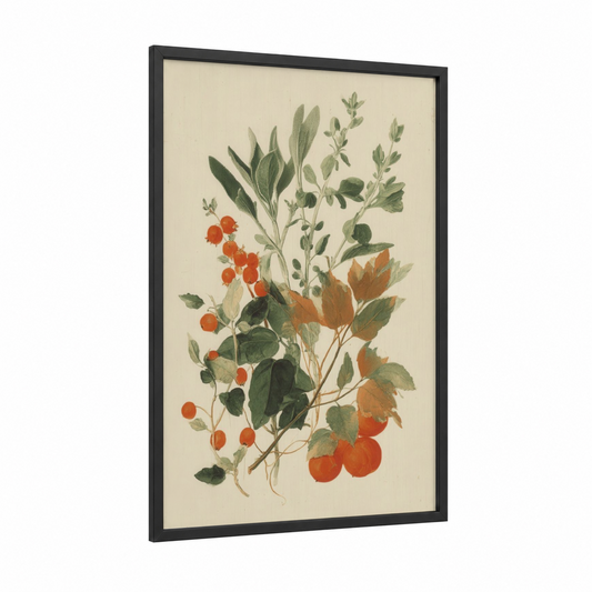 Autumn Harvest Botanicals framed thanksgiving print — black wood frame — orange and light green palette