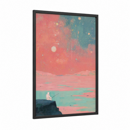 Cosmic Fisherman framed astronaut print — black wood frame — salmon pink and teal palette