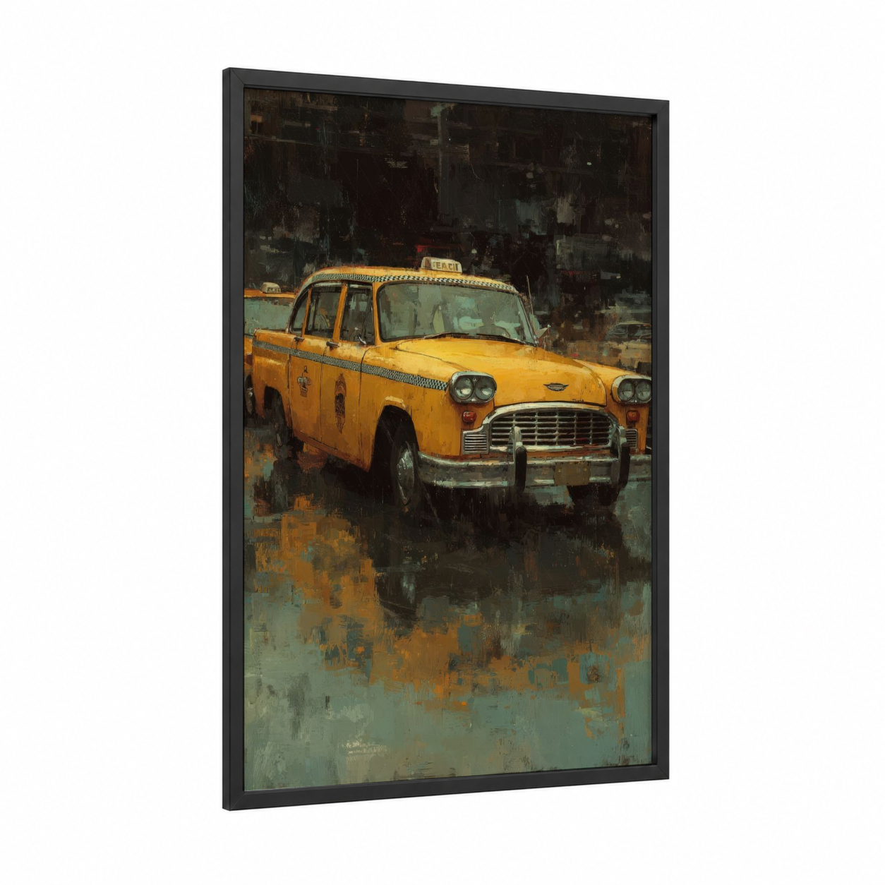 Yellow Taxi Cab framed art print — black wood frame — gold and black and white palette