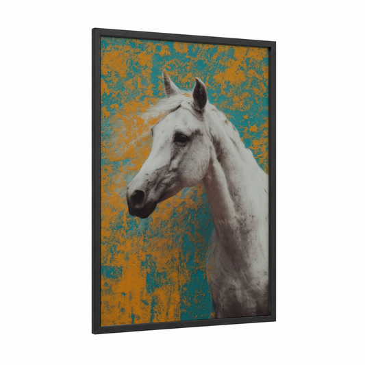 Elegant Arabian framed arabian horse print — black wood frame — teal and gold palette