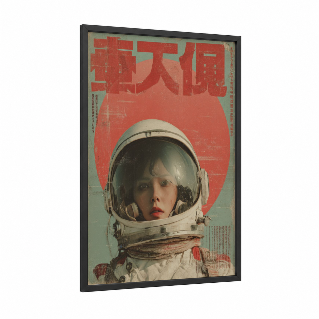 Cosmic Astronaut framed japanese retrofuturism print — black wood frame — red and sage green palette