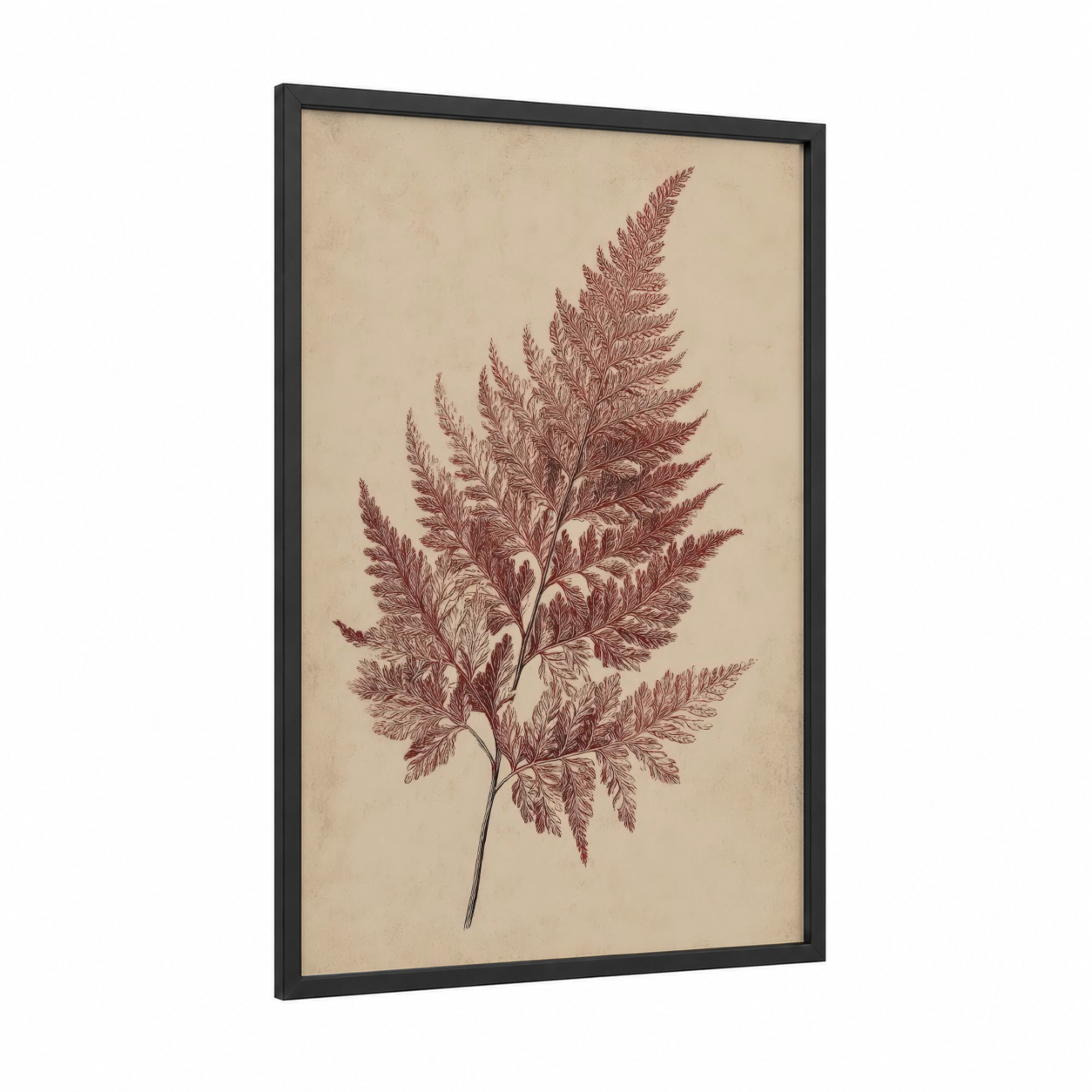 Crimson Fern Study framed leaf print — black wood frame — russet and cream palette