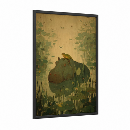 Lily Pad Frog framed frogs and toads print — black wood frame — gold and sage green palette