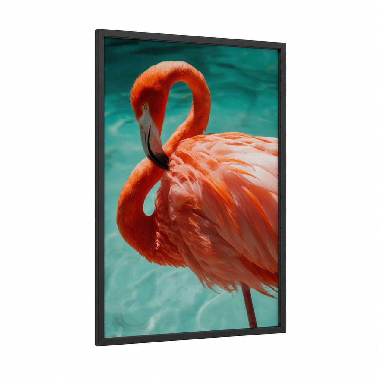 Tropical Flamingo framed art print — black wood frame — salmon pink and turquoise palette