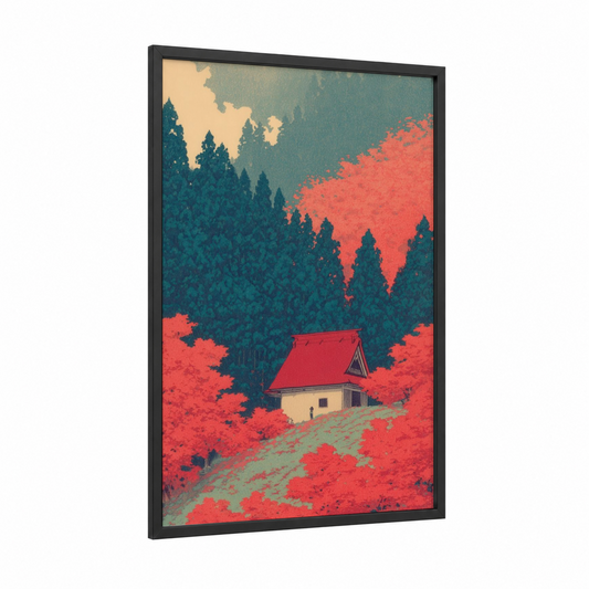 Crimson Chapel Retreat framed churches and chapels print — black wood frame — red and teal palette
