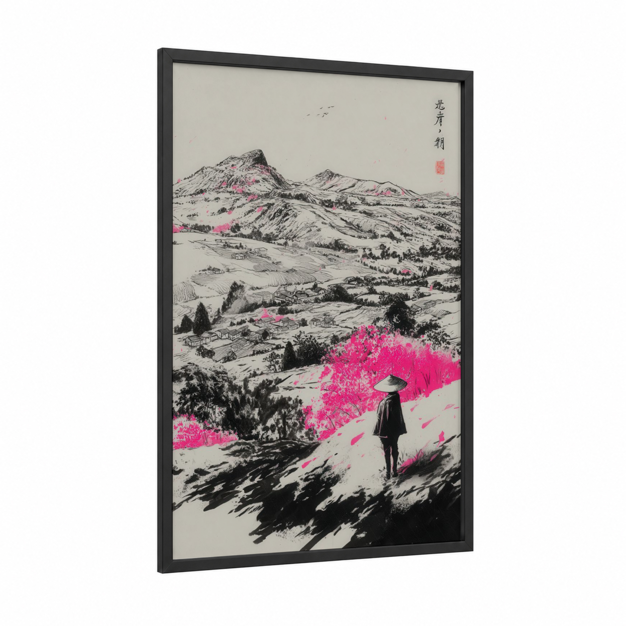 Magenta Valley Vista framed various landscapes print — black wood frame — black and white and magenta palette