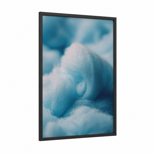 Fluffy Cotton Candy framed sweet print — black wood frame — blue and white and light green palette