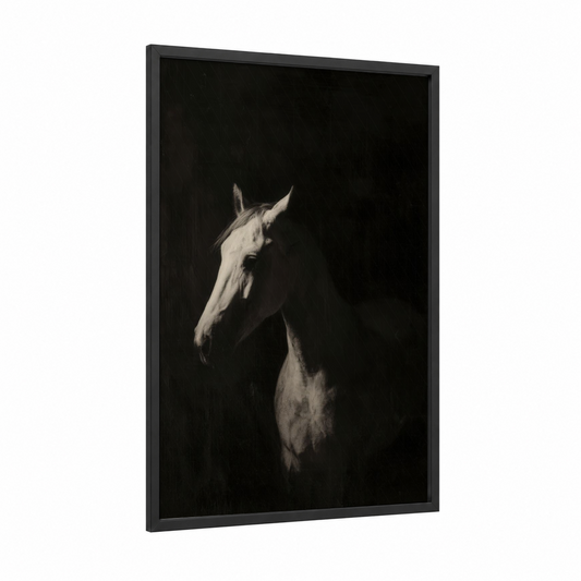 Ethereal Andalusian framed andalusian horse print — black wood frame — black and white palette