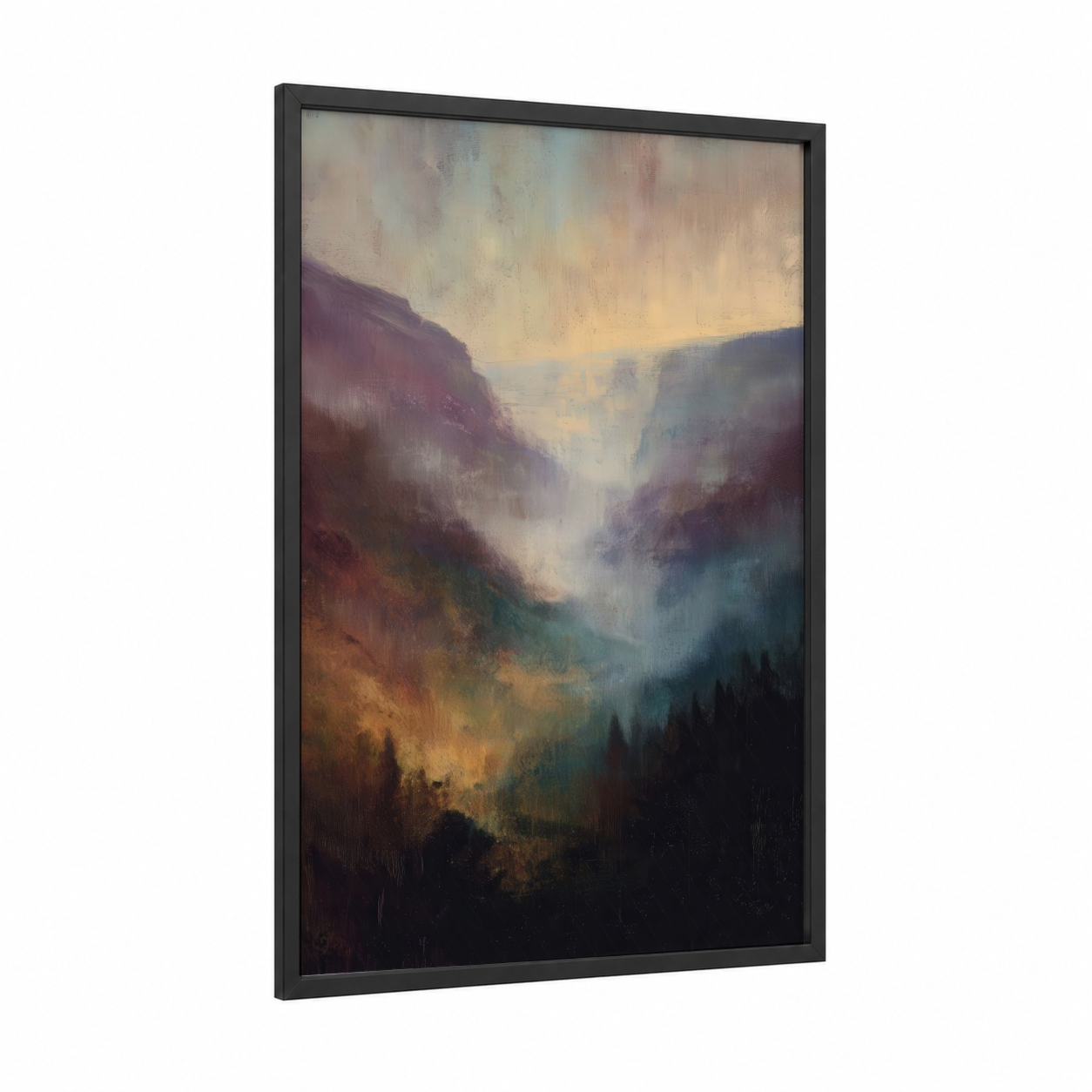 Misty Canyon Dawn framed art print — black wood frame — gold and gray palette