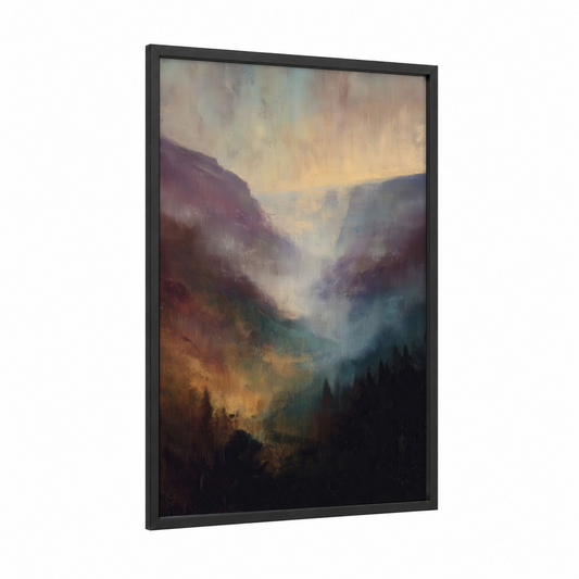 Misty Canyon Dawn framed art print — black wood frame — gold and gray palette