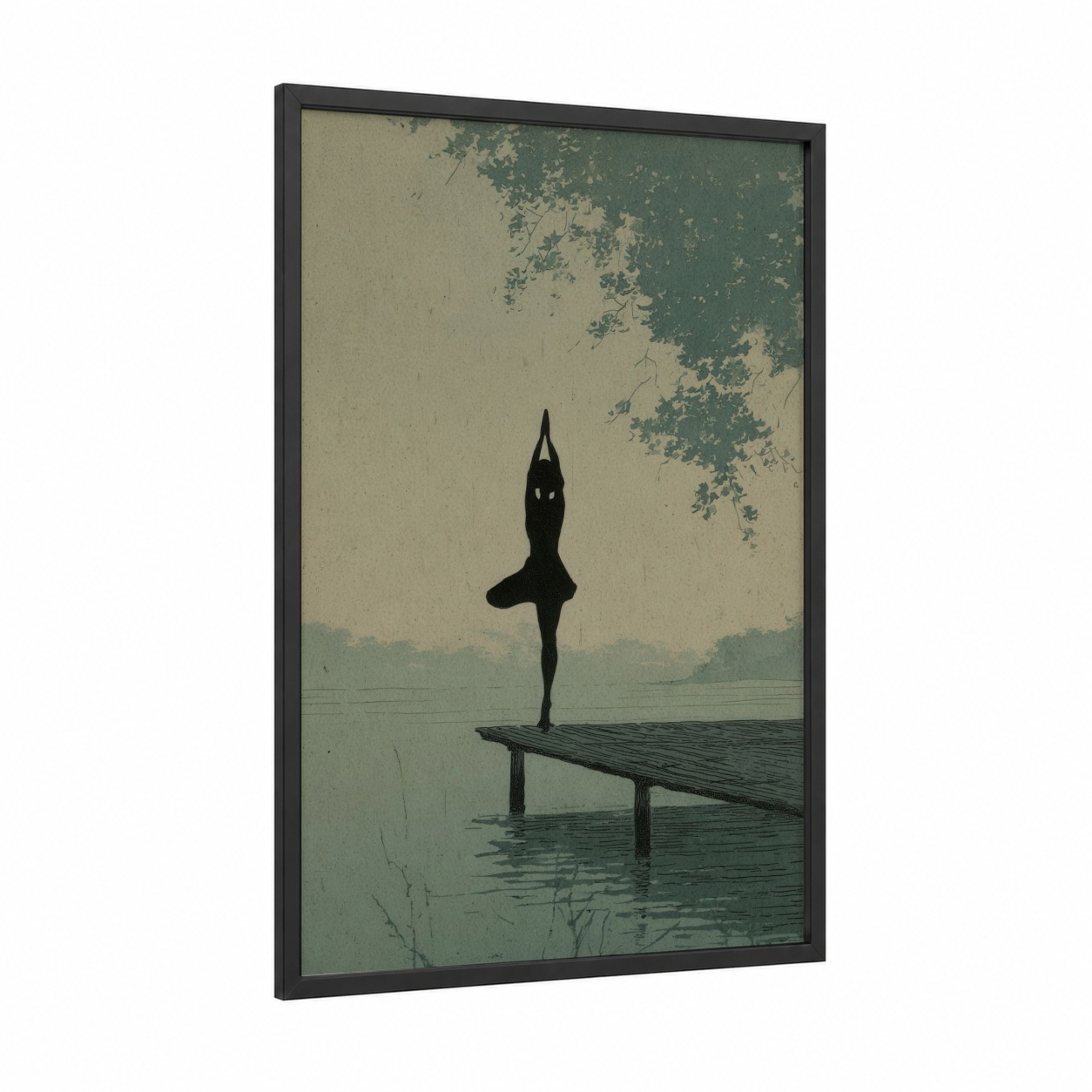 Lakeside Yoga framed art print — black wood frame — sage green and beige palette