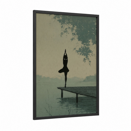 Lakeside Yoga framed art print — black wood frame — sage green and beige palette