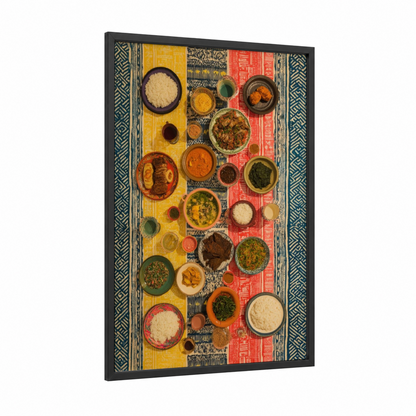 Kwanzaa Feast framed art print — black wood frame — gold and red palette