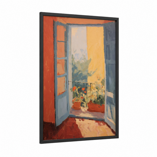 Sunny Garden Door framed summer print — black wood frame — gold and orange palette