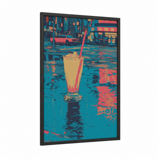 Neon Milkshake framed art print — black wood frame — blue and red palette