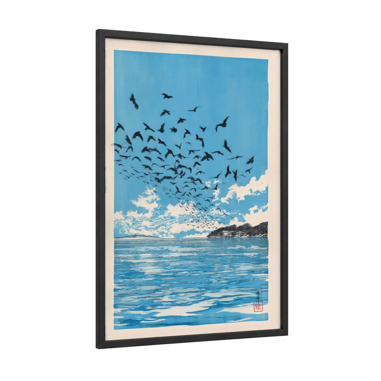 Coastal Flock framed crows and ravens print — black wood frame — blue and white palette