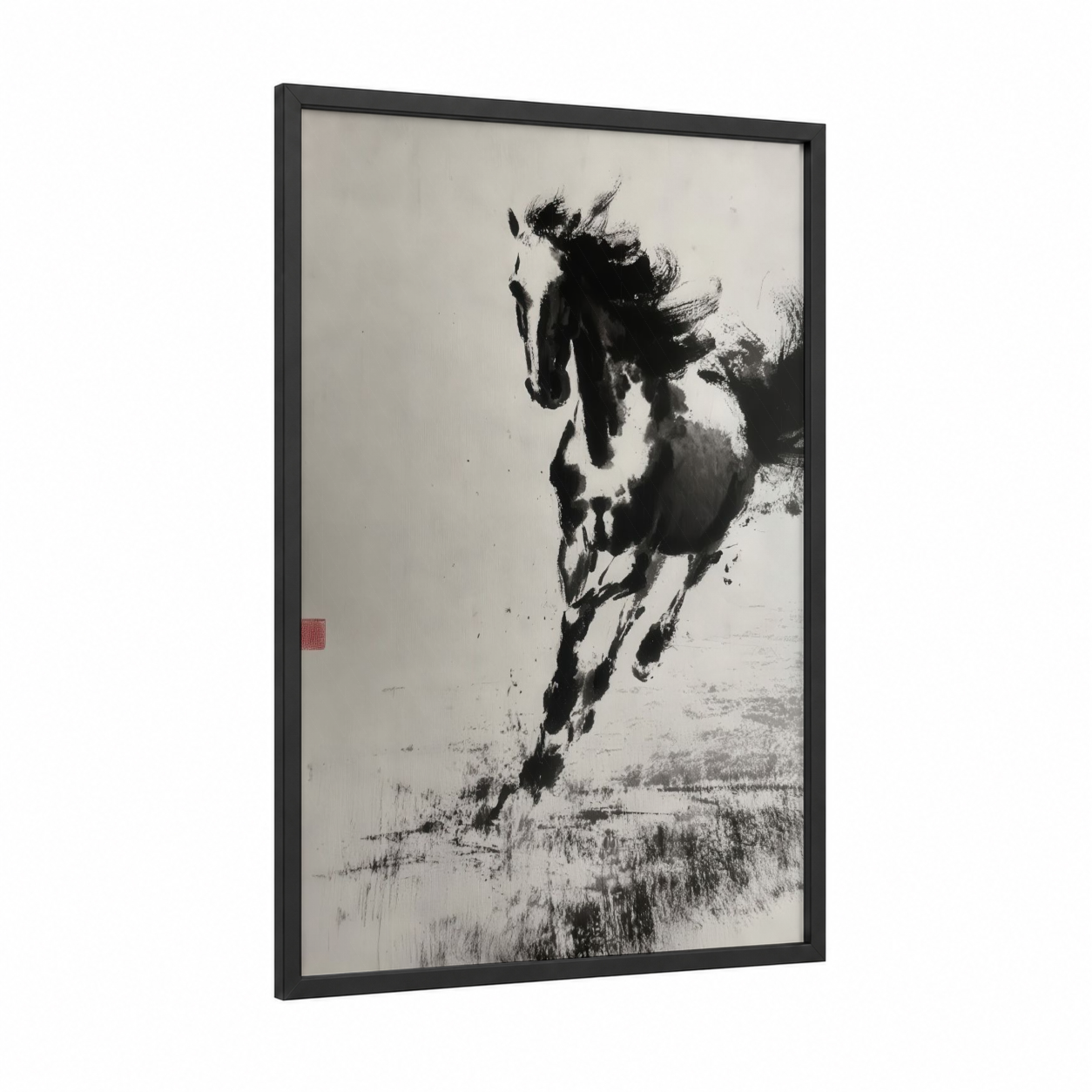 Galloping Thoroughbred framed thoroughbred horse print — black wood frame — black and white palette
