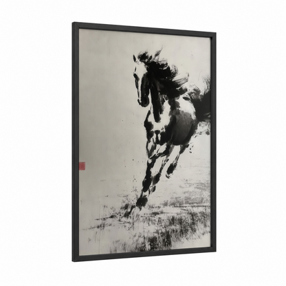 Galloping Thoroughbred framed thoroughbred horse print — black wood frame — black and white palette