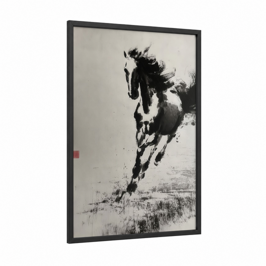 Galloping Thoroughbred framed thoroughbred horse print — black wood frame — black and white palette
