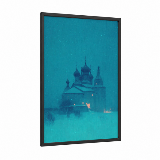 Winter Monastery framed art print — black wood frame — teal and peach palette